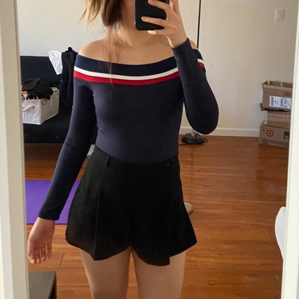 Forever21 Nautical Off Shoulder Navy Bodysuit